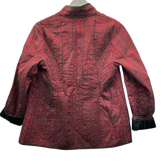 Chicos Red Black Jacquard Blazer Jacket Size O-8 Open Cardigan - Picture 9 of 11